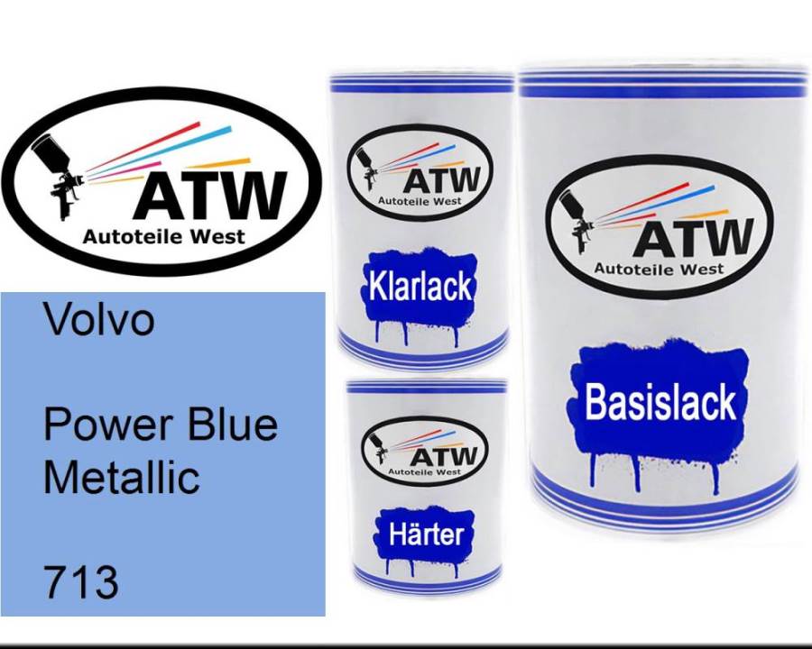 Volvo, Power Blue Metallic, 713: 500ml Lackdose + 500ml Klarlack + 250ml Härter - Set, von ATW Autoteile West.